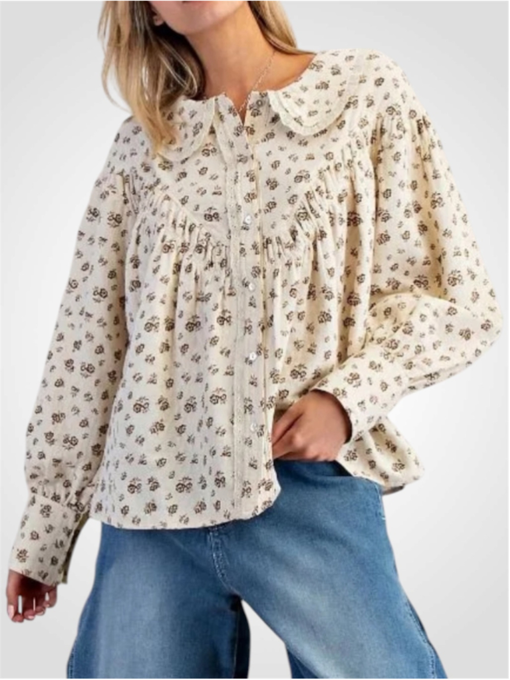 Easel Oversized Cotton Floral Print Button Down Peter Pan Collar Shirt Size S